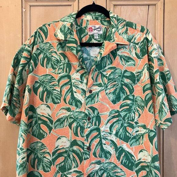 Hilo Hattie Men Monstera Aloha Hawaiian Floral Shirt Size XL Orange Green SP EXC - Picture 4 of 10